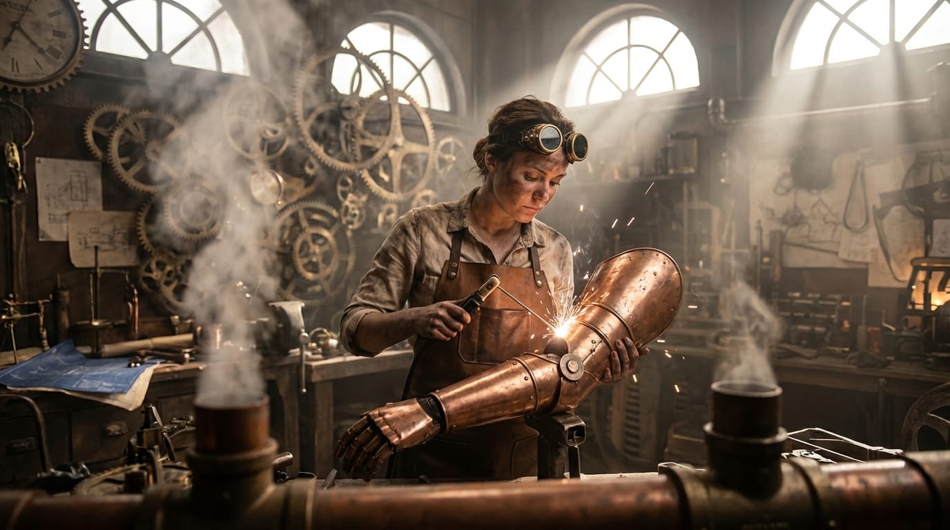 Cinematic shot, medium angle. A cluttered steampunk inventor's workshop filled with rotating brass gears and ticking clocks. A female mechanic with goggles is welding a copper arm. Camera slowly tracks forward past foreground steam pipes to focus on her face. Volumetric lighting, dust particles, 8k resolution, realistic textures, Victorian industrial aesthetic.