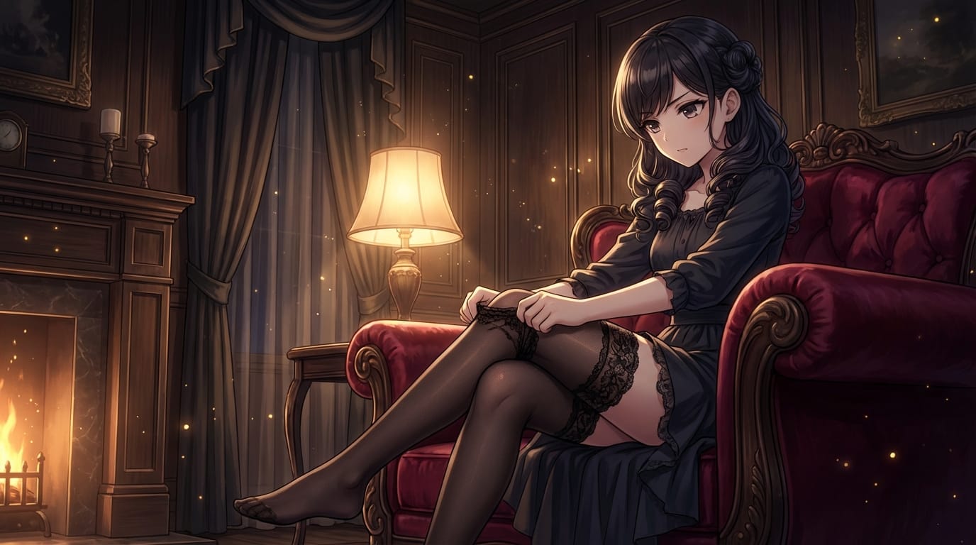 1girl, sitting on a velvet chair, adjusting stockings, black lace, elegant interior, dim lighting, soft glow, particle effects, detailed legs, anime style, seductive expression, high contrast