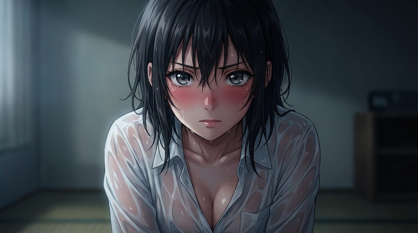 masterpiece, best quality, 1girl, solo, intense look, glossy skin, sweat, wet white shirt, translucent, messy hair, cinematic lighting, dramatic shadows, upper body, looking at viewer, blush, detailed eyes, 8k resolution, anime style