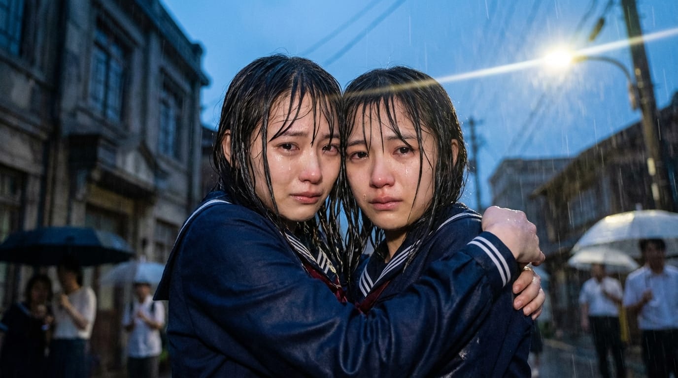 2girls, yuri, hugging, close up, emotional, tears, rain background, wet clothes, school uniform, detailed hair, dramatic angle, lens flare, emotional atmosphere, high resolution