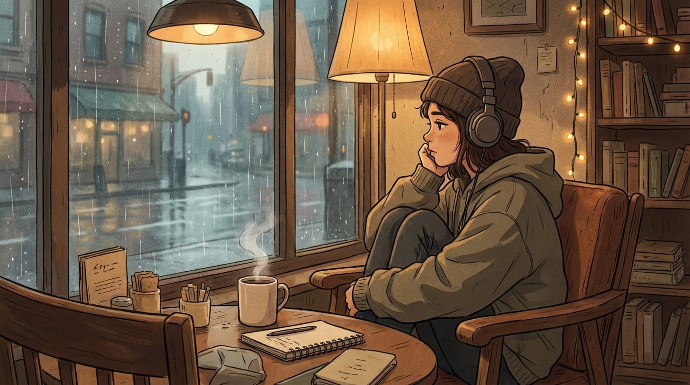 An illustration of the same character sitting at a coffee shop table, looking out the window with a melancholic expression, rain outside, warm indoor lighting, lo-fi hip hop aesthetic, consistent character design, detailed background