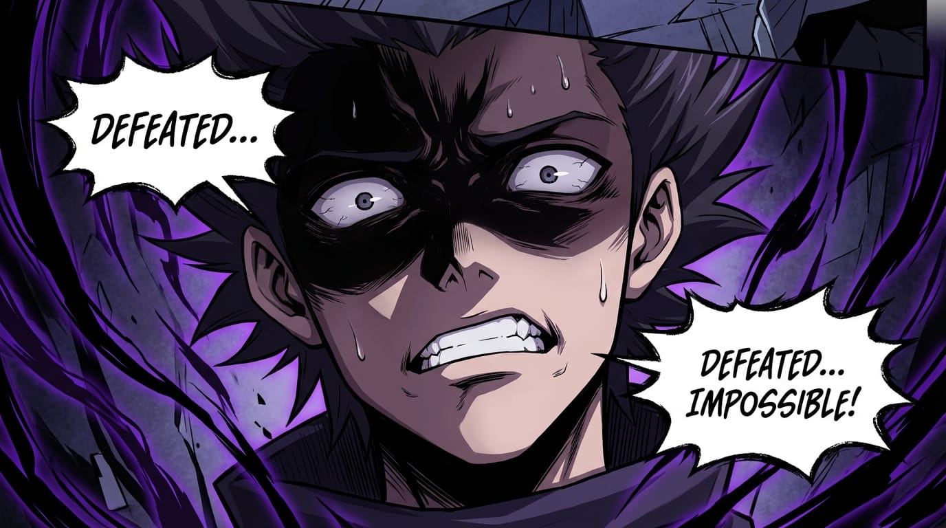 A close-up comic panel of an anime style villain realizing they have been defeated, wide eyes with trembling pupils, sweat drops on the forehead, dramatic shading over the upper face, gritted teeth, dark purple and black background aura, intense emotional expression suitable for dramatic voice acting, high resolution digital art