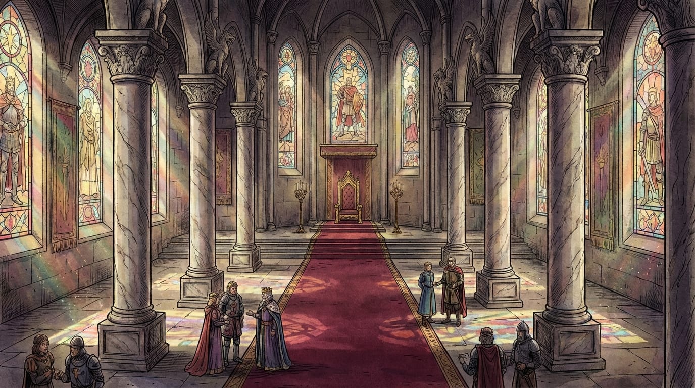 A majestic fantasy kingdom throne room illustrated in a European comic book style, tall marble pillars, red velvet carpets leading to a golden throne, light streaming through stained glass windows, dust motes dancing in the light, intricate architectural details, wide angle view establishing the setting for a royal court drama