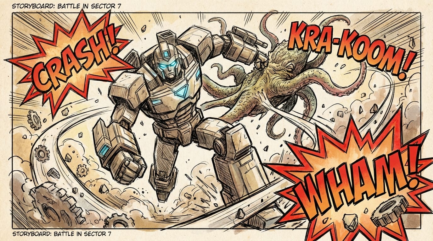 A dynamic comic book fight scene between a robot and a monster, low angle shot looking up, debris flying, impact frames, vibrant colors, comic book sound effects visually represented, action lines, sketch style for storyboarding