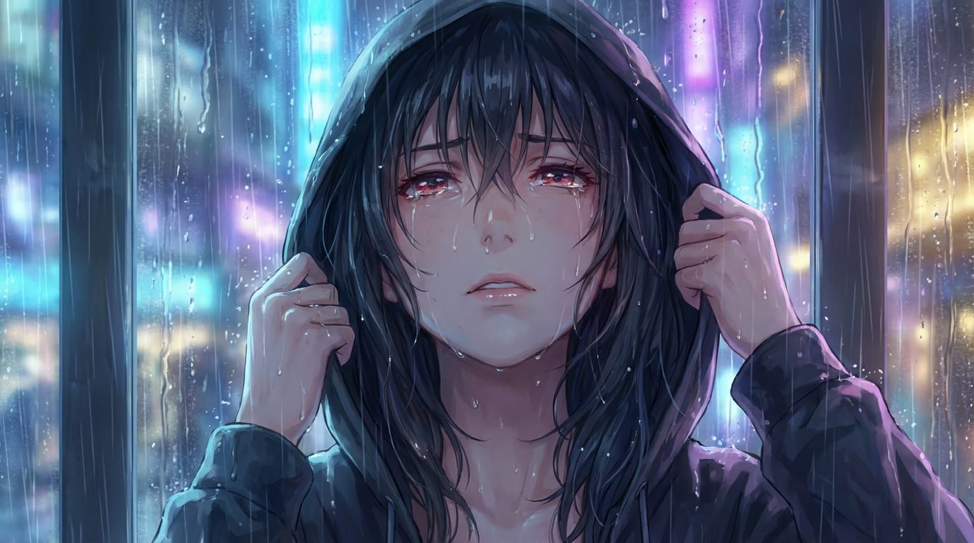 detailed close-up portrait, the same character crying, tears streaming down face, heavy rain background, dramatic lighting, emotional depth, Makoto Shinkai style background art --niji 7