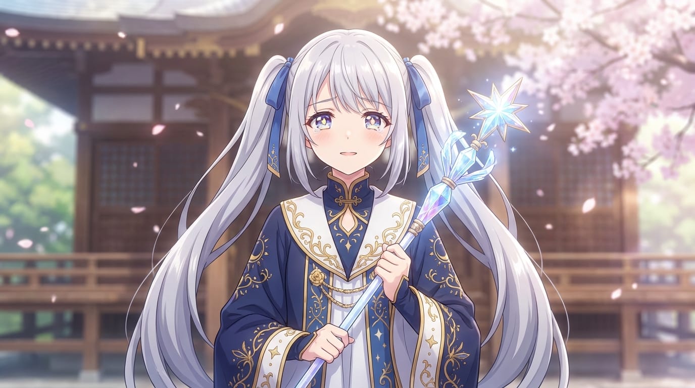 anime character design, full body shot, a young female mage with silver twin-tails, wearing an ornate robe with gold embroidery, holding a crystal staff, intricate eye details with star-shaped highlights, soft lighting, Kyoto Animation style, emotional expression, high definition --niji 7