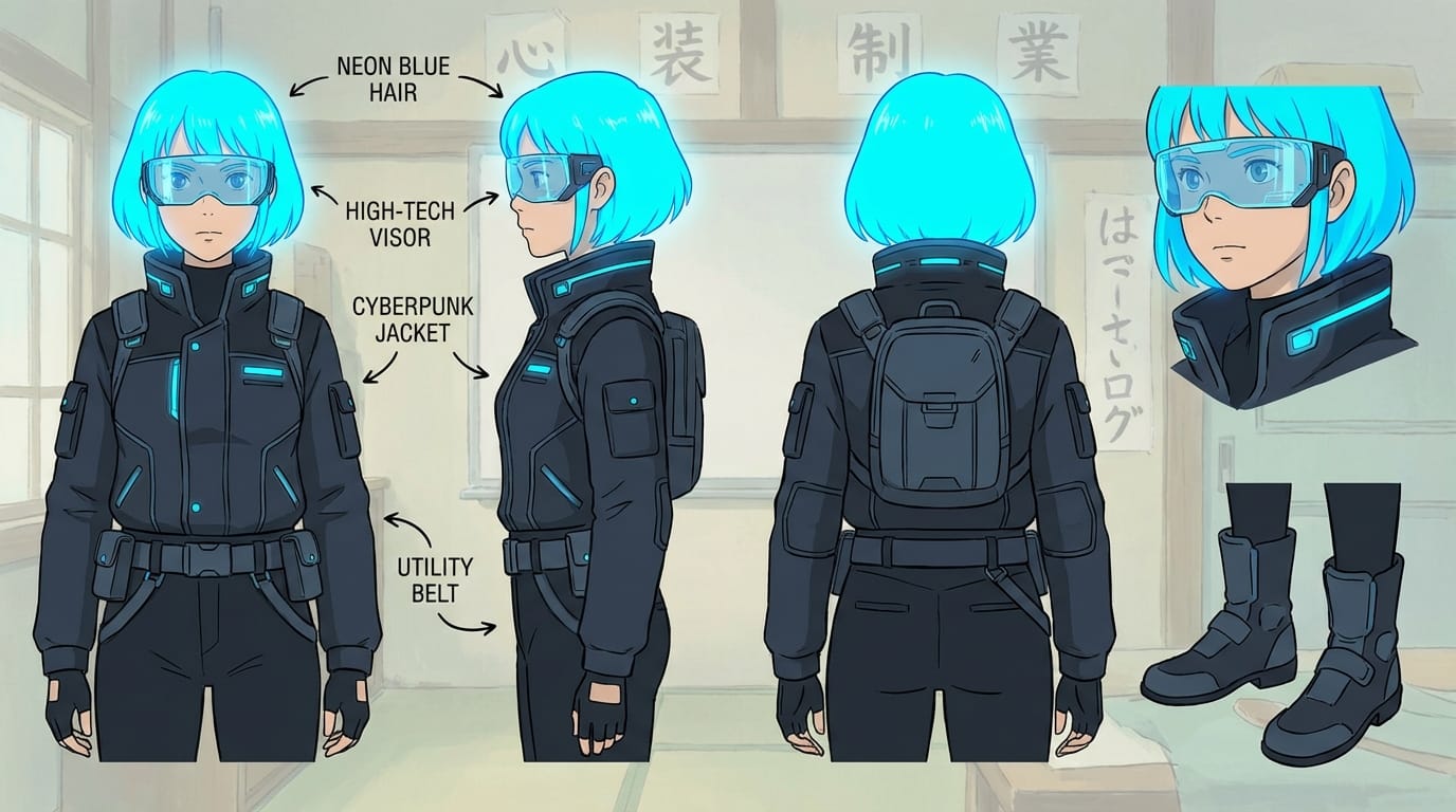 character design sheet of a cyberpunk anime girl with neon blue hair, wearing a high-tech visor, front view, side view, back view, sharp lines, flat color, studio ghibli style --niji 7