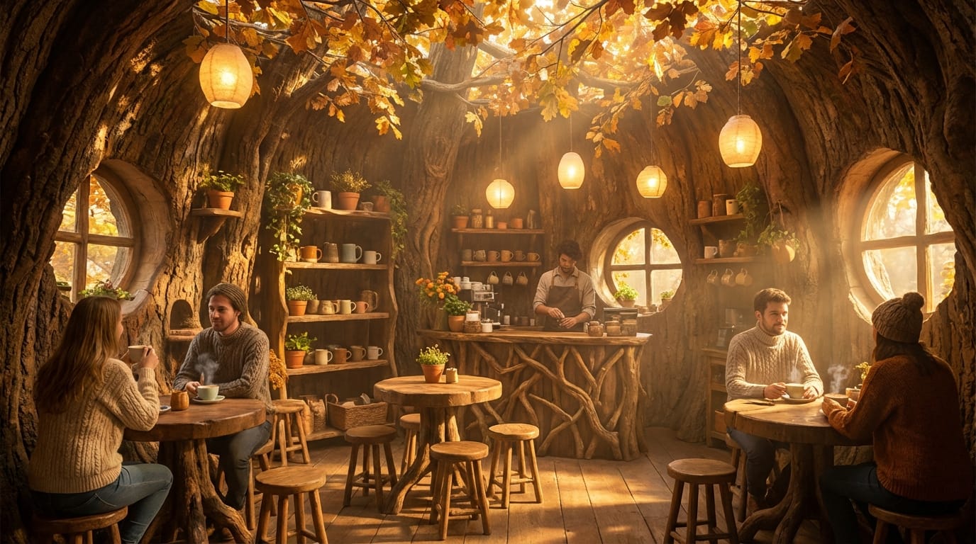 A cozy coffee shop interior inside a giant hollow tree trunk, warm sunlight filtering through leaves, wooden furniture, steaming cups of coffee, fantasy atmosphere, highly detailed, 8k resolution