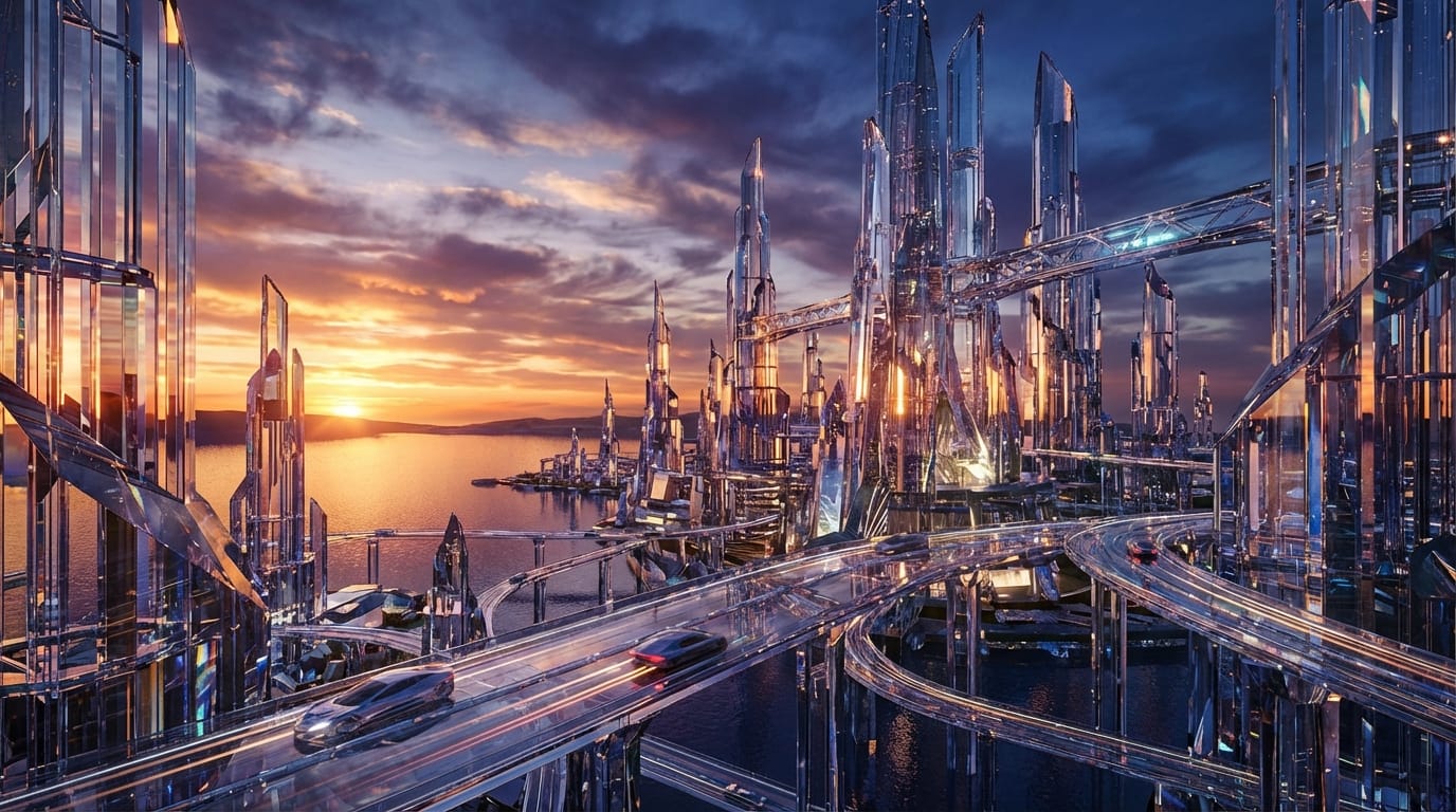 Transform this image into a futuristic city made of crystal and glass, sunset lighting, cinematic composition, photorealistic