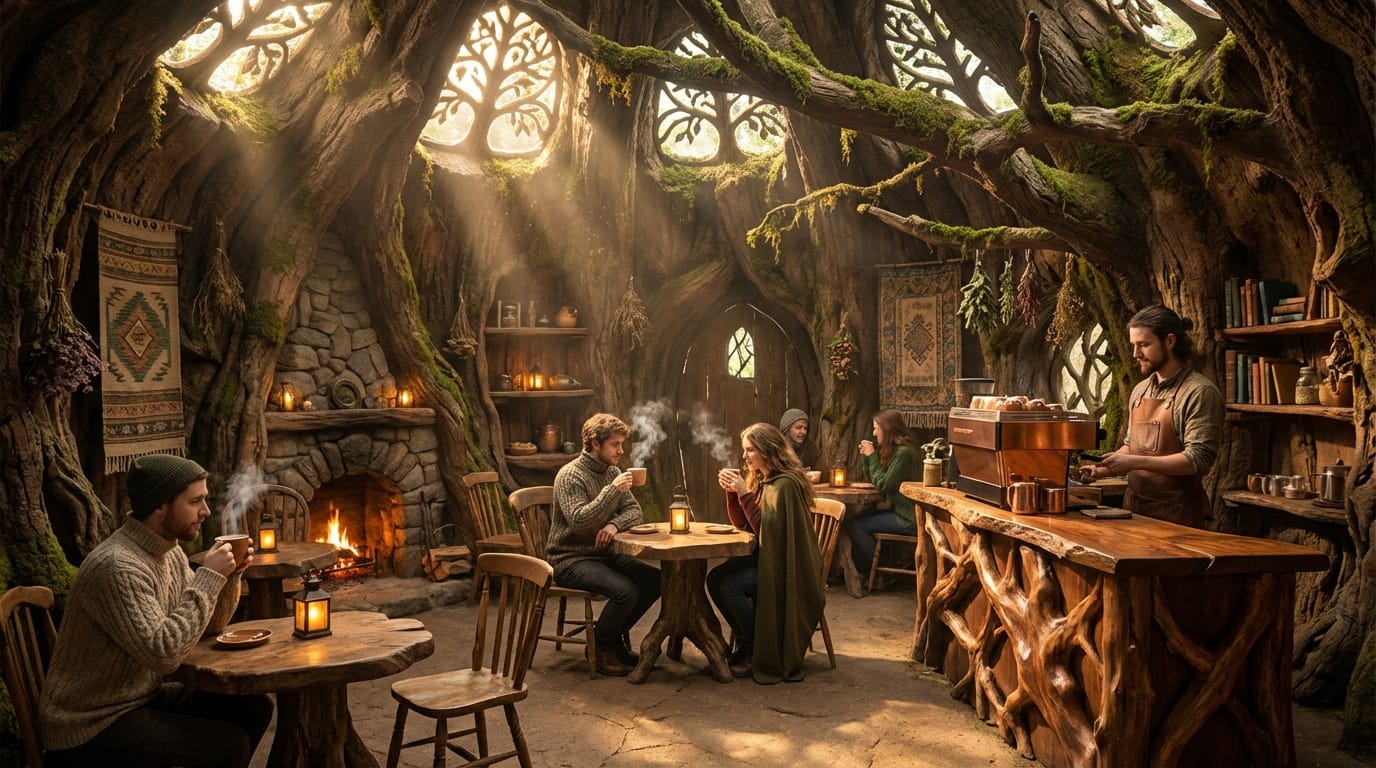A cozy coffee shop interior inside a giant hollow tree trunk, warm sunlight filtering through leaves, wooden furniture, steaming cups of coffee, fantasy atmosphere, highly detailed, 8k resolution