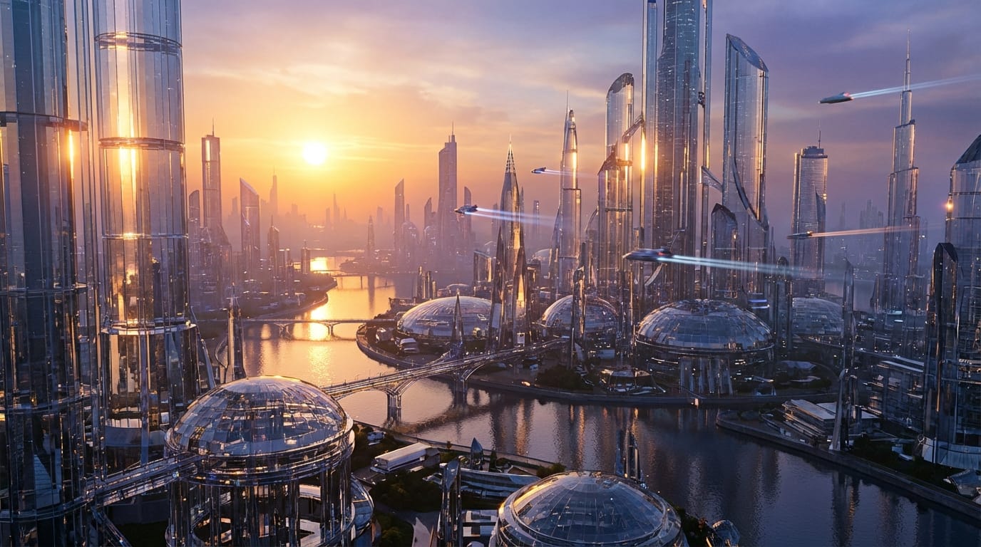 Transform this image into a futuristic city made of crystal and glass, sunset lighting, cinematic composition, photorealistic