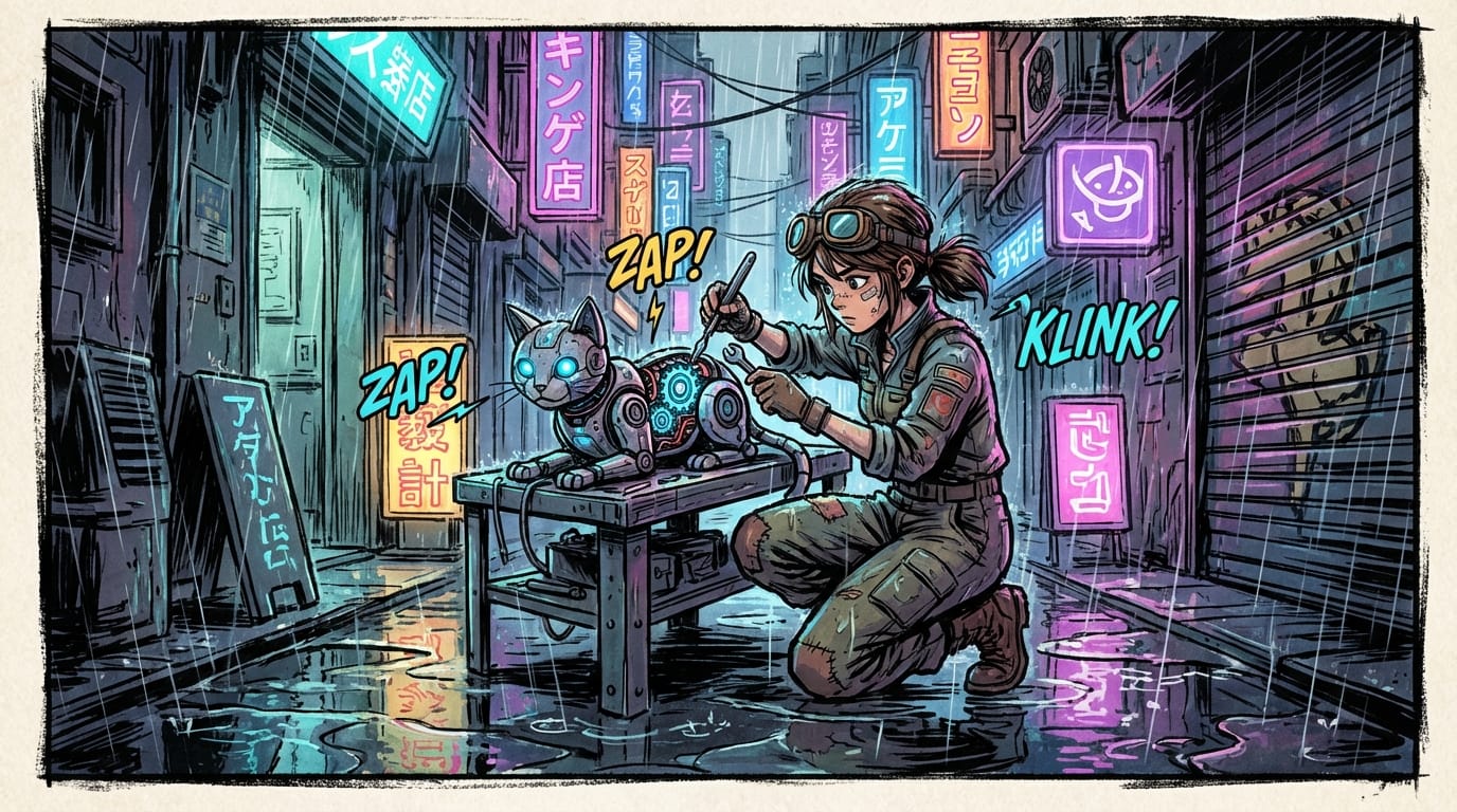 A vibrant manga panel featuring a young cyberpunk mechanic fixing a glowing robotic cat in a neon-lit alleyway, heavy rain, reflection on wet pavement, detailed mechanical parts, anime art style