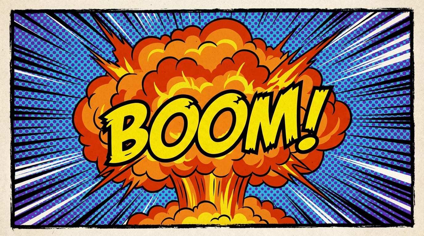 A comic book panel showing a large explosion with the text BOOM written in bold yellow jagged letters, dynamic action lines, pop art style, halftone pattern background