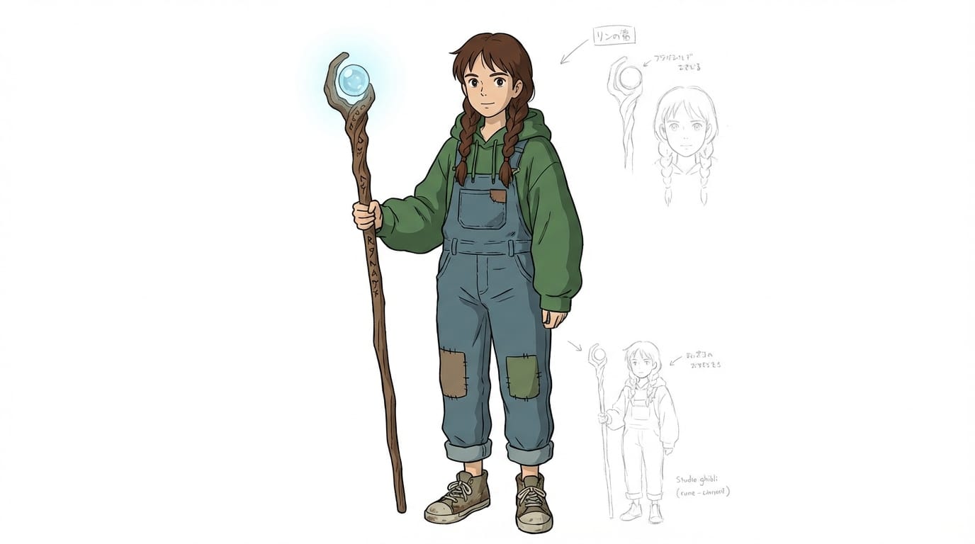 A full body character design of a young witch wearing a modern hoodie and holding a glowing wooden staff, studio Ghibli art style, clean outlines, flat coloring, white background, character concept art