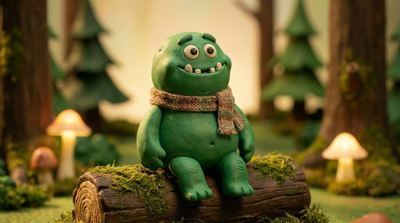 A frame of an animated movie rendered in the style of stop-motion claymation, a cute monster made of green clay sitting on a wooden log, depth of field, fingerprint textures on clay, realistic studio lighting