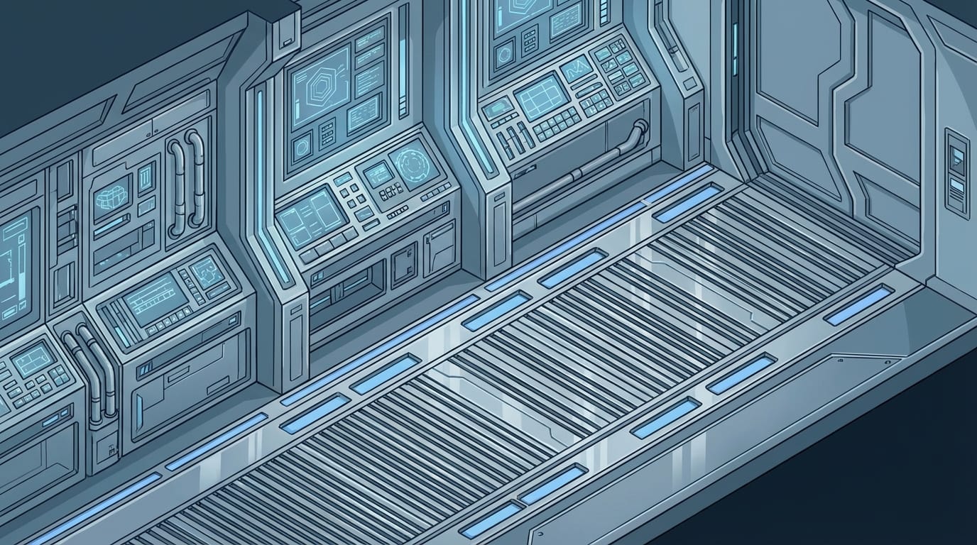 An empty sci-fi hallway inside a spaceship, isometric view, clean vector art style, cold blue and grey color palette, highly detailed control panels, no characters, production background art