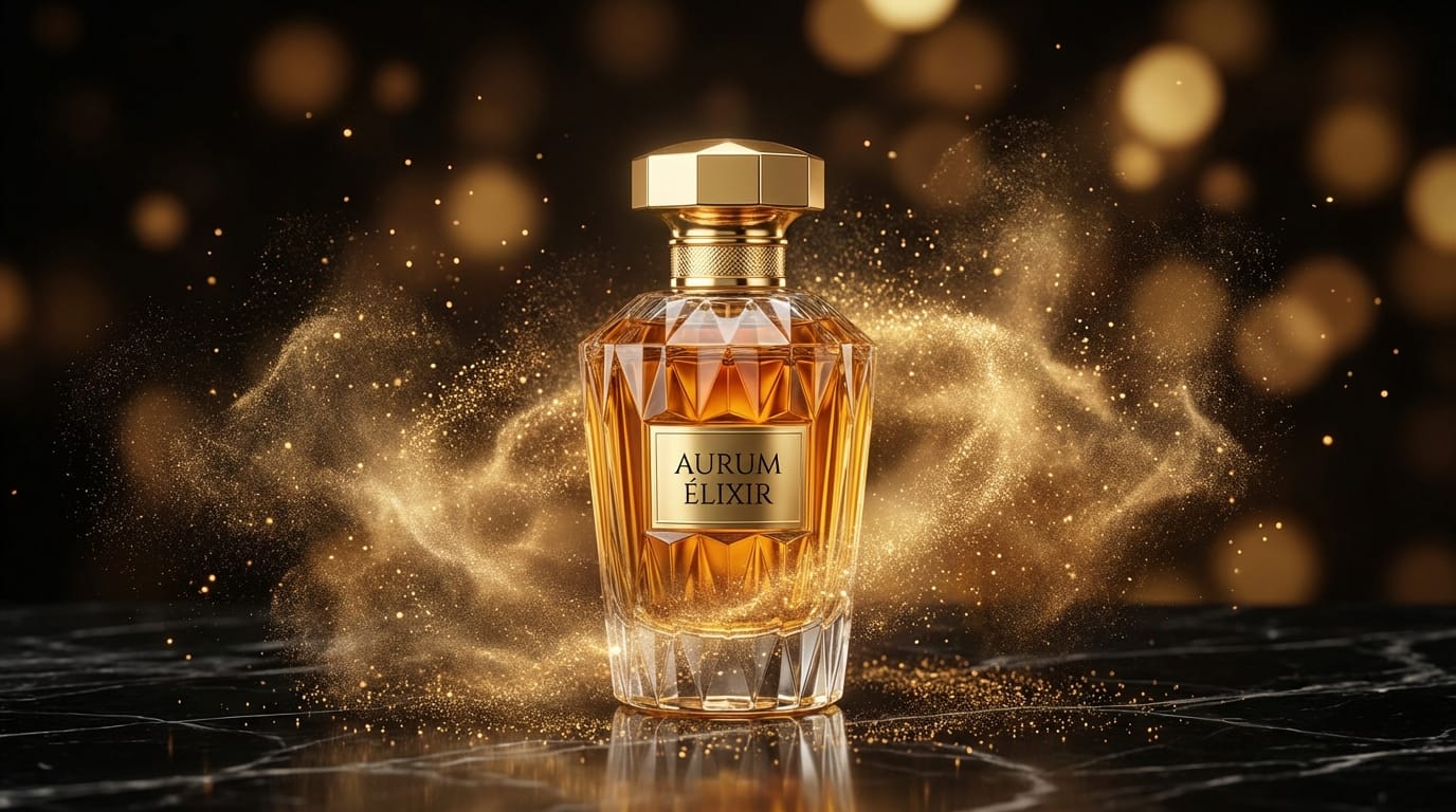 Luxury perfume bottle on a black surface, surrounded by floating golden dust particles, sparkling background, elegant product photography, bokeh effect