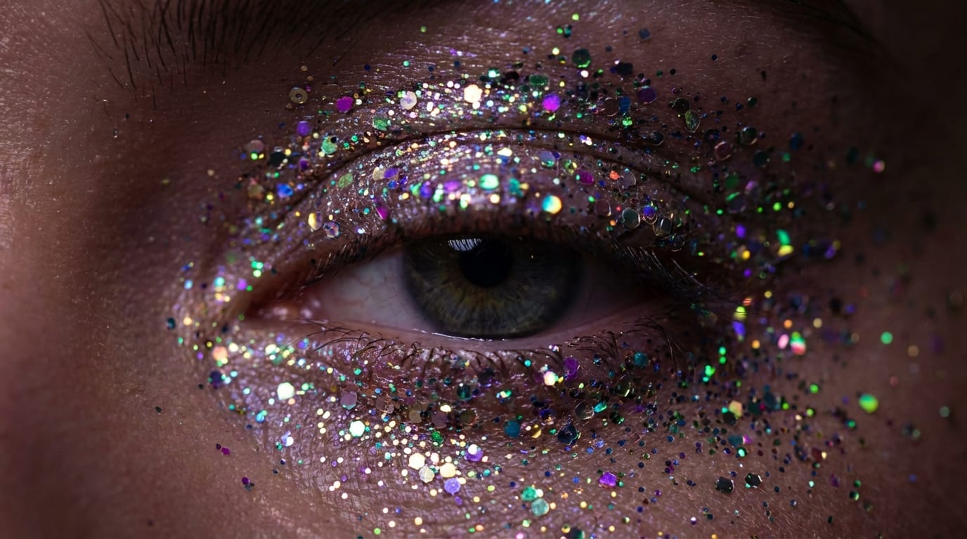 Close up macro shot of iridescent glitter makeup on an eye, sparkling sequins, holographic texture, cinematic lighting, 4k resolution, highly detailed