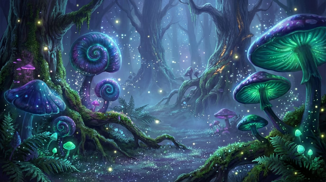 A magical forest floor covered in glowing sparkling mushrooms, fireflies, fantasy art style, glitter particles in the air, deep blue and purple color palette
