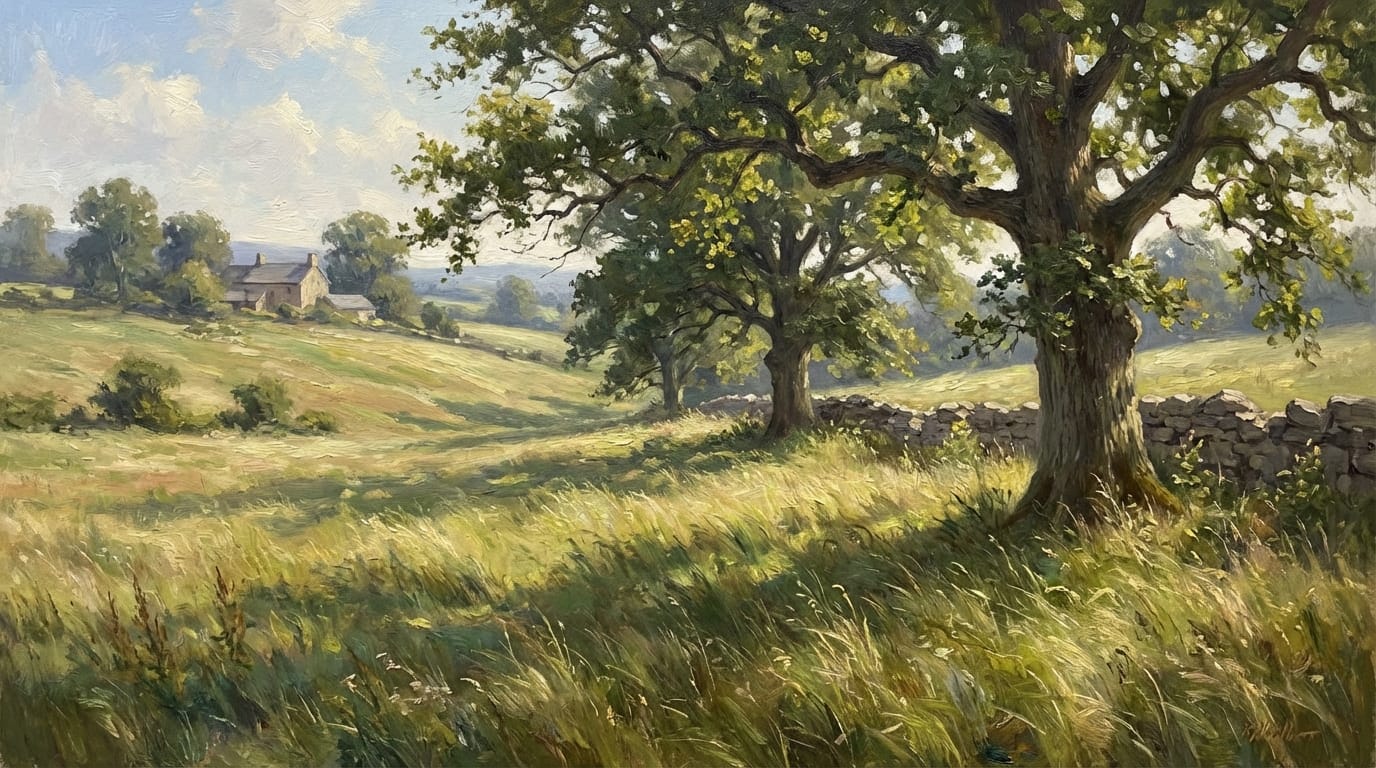 Gentle wind blowing through the grass and trees, subtle sunlight shifting, maintaining the exact painting style of the original image, high stability, no morphing of solid objects