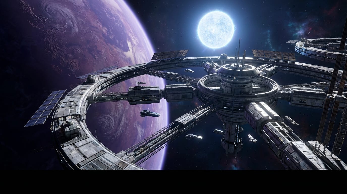 A wide cinematic shot of a futuristic space station orbiting a purple planet, realistic lighting from a nearby star, slow camera pan to the right, high detail mechanical structures, 8k resolution, sci-fi movie atmosphere