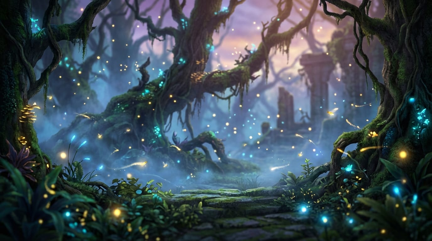 A mysterious ancient forest at twilight with fireflies floating gently in the air, soft blue fog rolling through the trees, cinematic depth of field, high fantasy art style, slow and calm movement, detailed textures