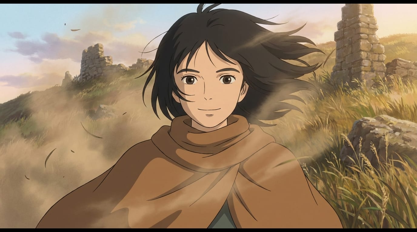 The character smiles gently and turns her head towards the camera, wind blowing through her hair, soft movement, high quality animation.