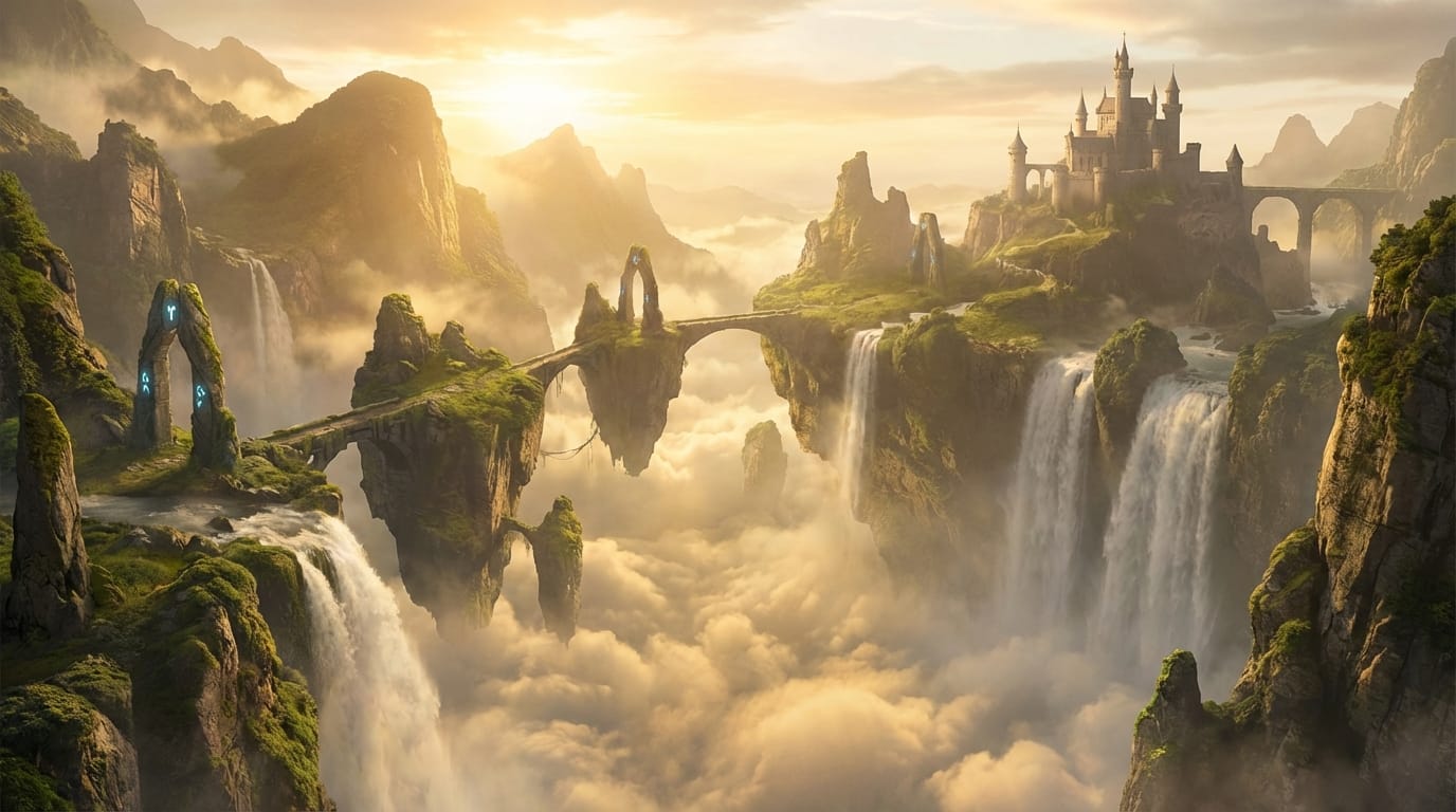 A wide drone shot flying over a fantasy valley with floating islands, waterfalls cascading down into clouds, golden hour lighting, high fantasy style, majestic atmosphere.
