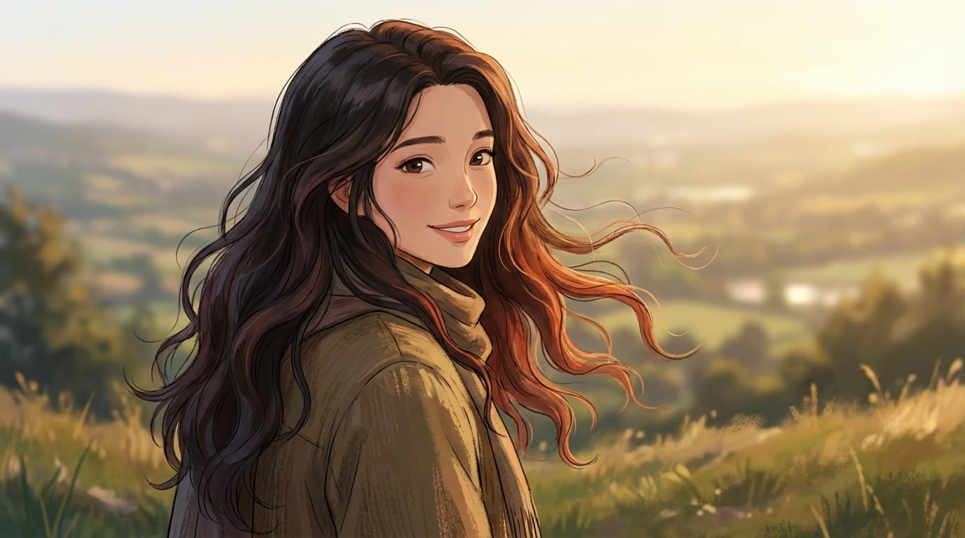 The character smiles gently and turns her head towards the camera, wind blowing through her hair, soft movement, high quality animation.