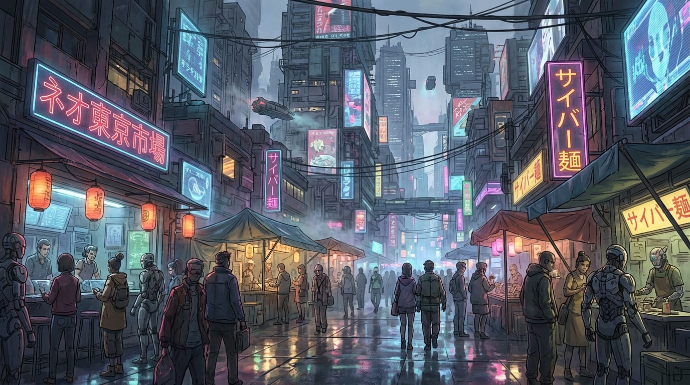 wide shot concept art of a cyberpunk market street, anime style, neon lights reflecting on wet pavement, detailed background, atmospheric lighting, cinematic composition