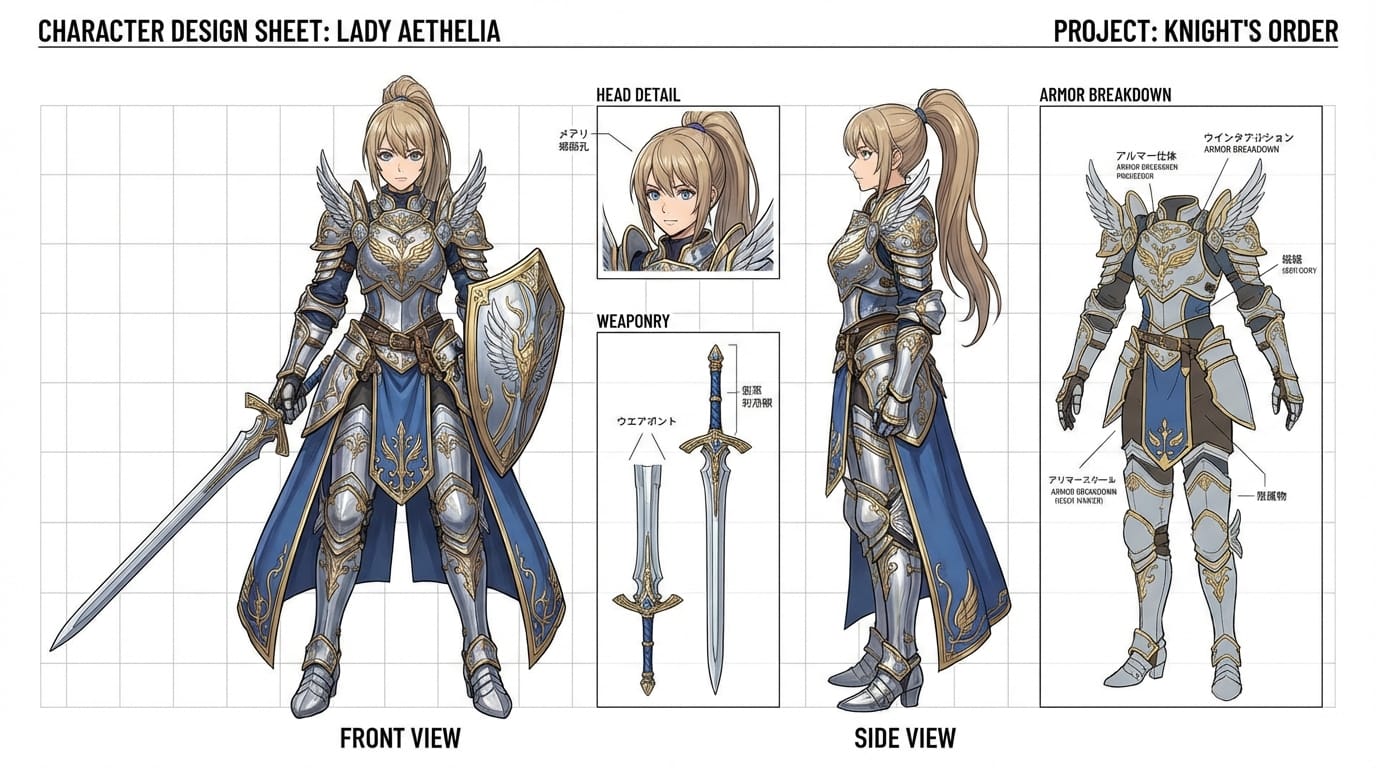character design sheet, anime style concept art, female knight, front view, side view, detailed armor, white background, studio setting