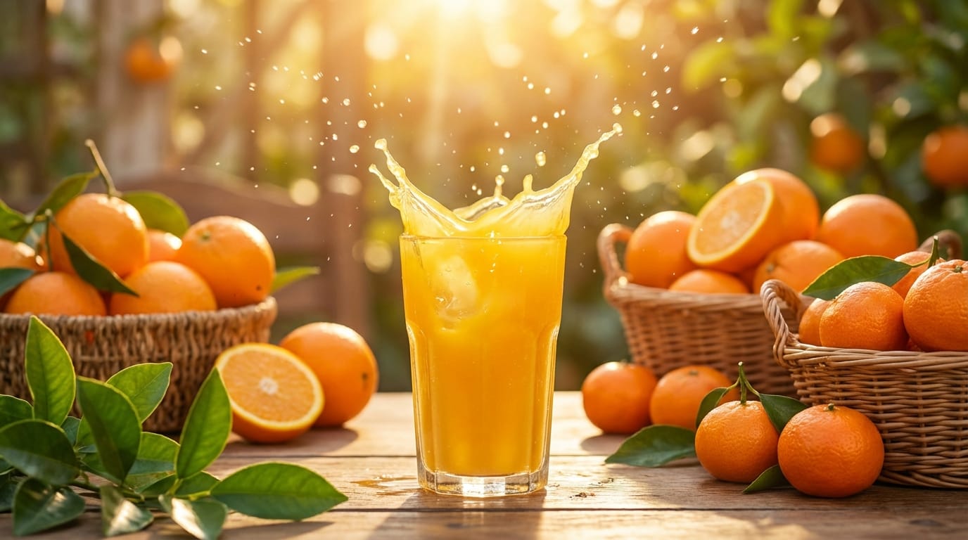 Commercial shot of a glass of orange juice with splashing liquid, bright sunshine lighting, fresh fruits background, slow motion, high definition