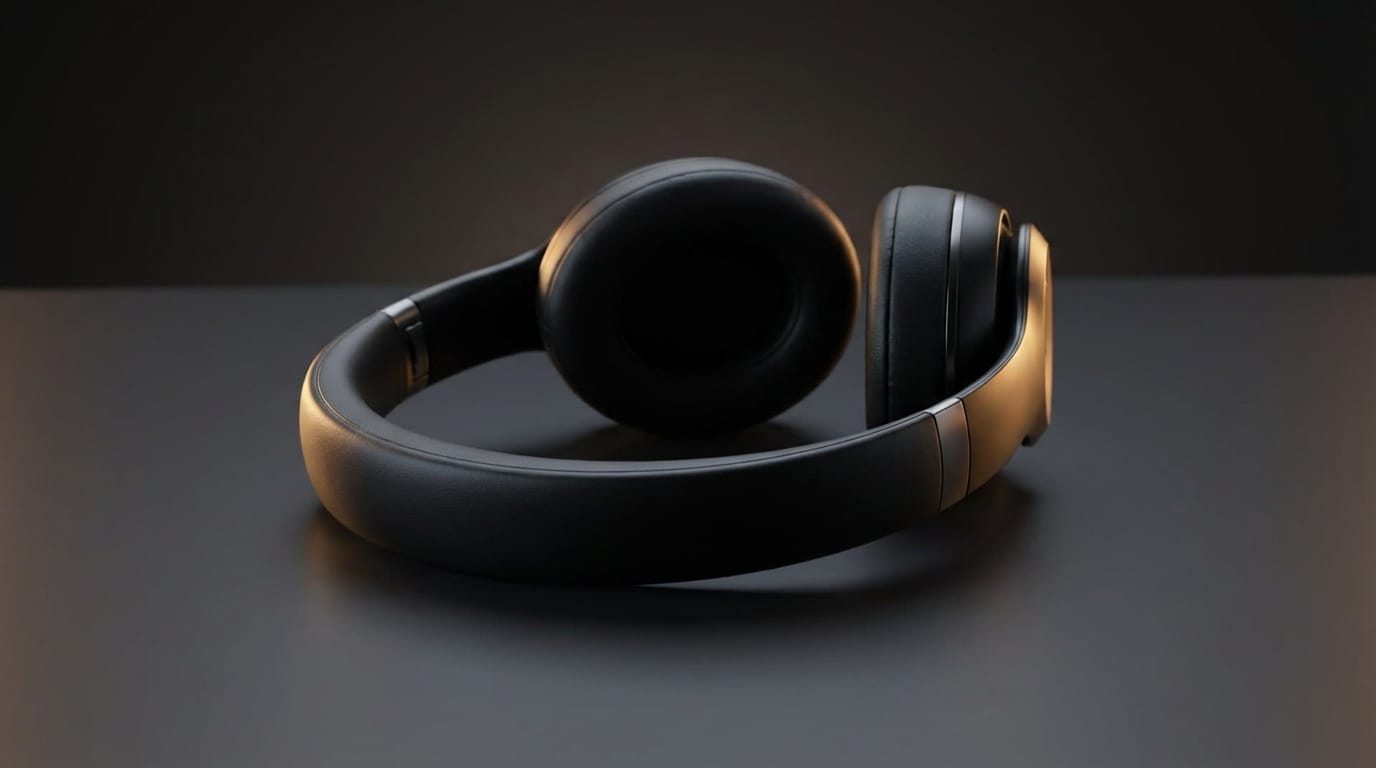 Professional product video shot of a sleek matte black headphone on a dark surface, cinematic rim lighting, slow rotation, 4k, high detail