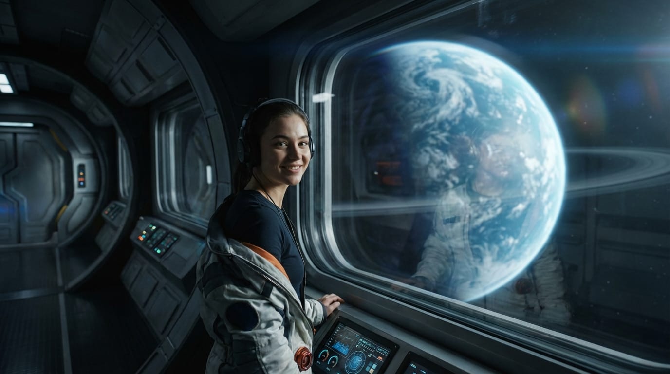 Cinematic 16:9, a young woman in a space station corridor looks out the window, camera tracks her movement from left to right, she turns to the camera and smiles, outside the window a giant blue planet rotates slowly, ambient engine hum and soft electronic beeps.