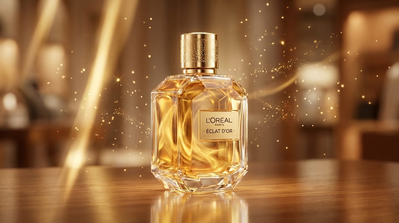The camera slowly orbits around the perfume bottle, golden liquid swirls elegantly inside the bottle, soft golden light reflections moving across the glass, magical sparkles floating in the air, high-end commercial aesthetic, 4k resolution.