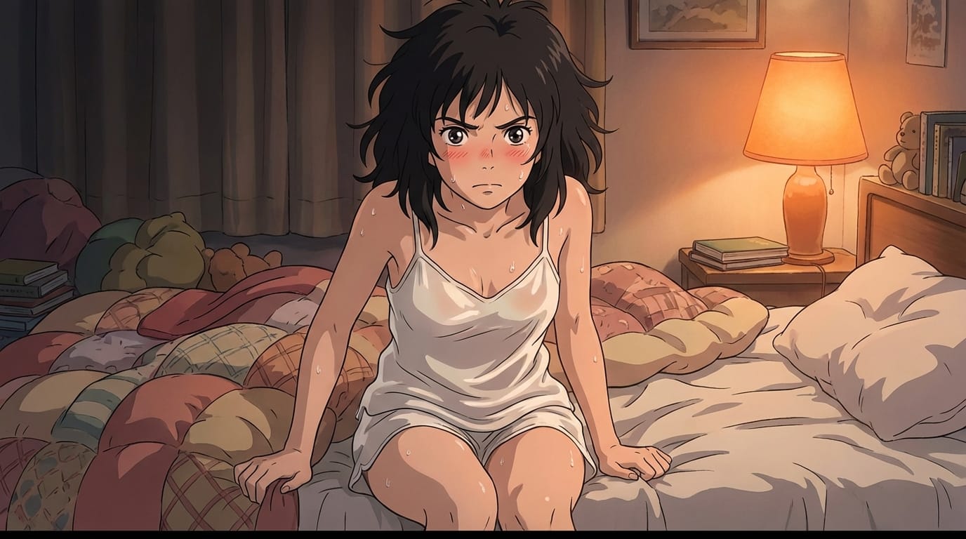 anime style, 1girl, solo, intense look, blushing, sweat on skin, wet skin, glossy eyes, messy hair, wearing sheer white silk lingerie, sitting on bed, dim lighting, soft shadows, high detail, masterpiece, 8k