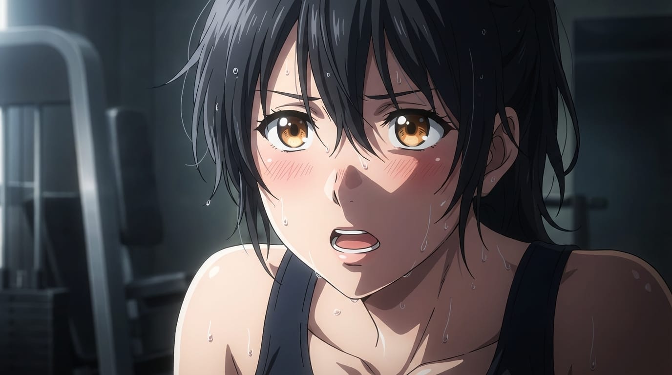 masterpiece, best quality, 1girl, solo, anime style, close up, wet skin, heavy sweat, glistening skin, heavy breathing, open mouth, blushing, messy wet hair, tank top, gym setting, cinematic lighting, intense shadows, detailed eyes
