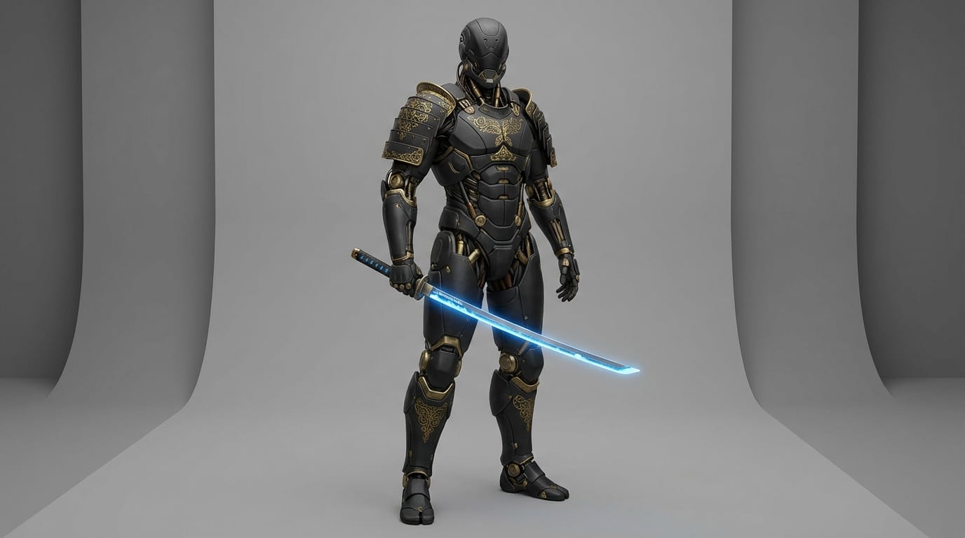 A full-body character design of a futuristic samurai cyborg, wearing matte black armor with gold filigree, holding a glowing energy katana, neutral studio lighting, 4k, concept art style, detailed mechanical parts.