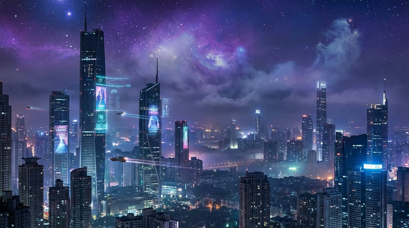 A sprawling sci-fi metropolis skyline at night, purple and blue nebula in the sky, towering skyscrapers with holograms, wide angle, hyper-realistic, atmospheric depth.