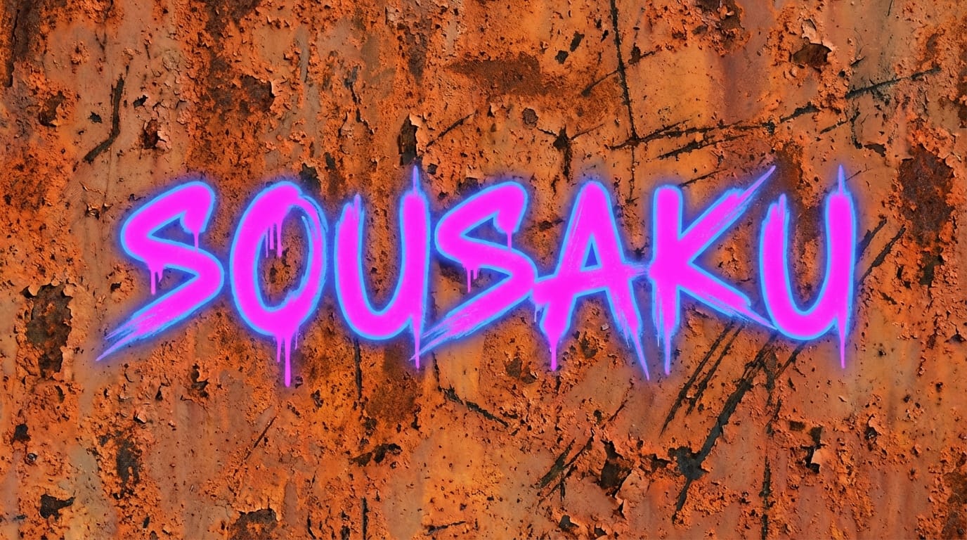A texture map of a rusty metal wall with graffiti that says 'SOUSAKU' in neon pink paint, cyberpunk style, high detail, 8k resolution, flat lighting for texture usage