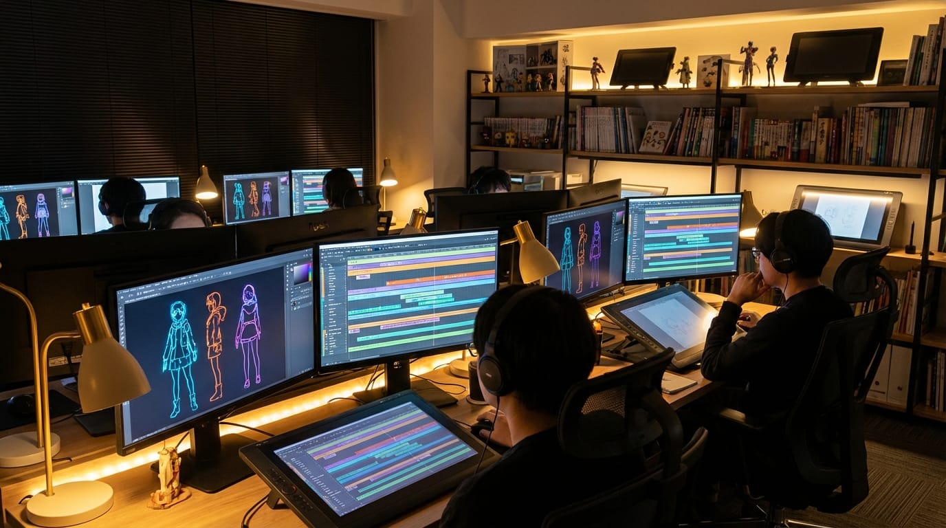 A high-quality anime studio setting with digital screens displaying colorful character designs and timelines, soft cinematic lighting, 4k resolution