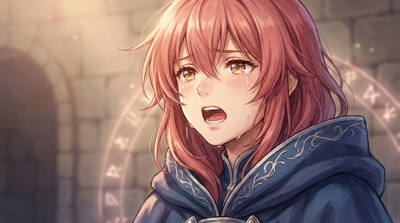 A close-up anime shot of a female protagonist with pink hair speaking passionately to the camera, tears welling in her eyes, emotional dialogue, mouth moving in sync with speech, soft background blur, high-quality anime art style, emotional lighting, 1080p.