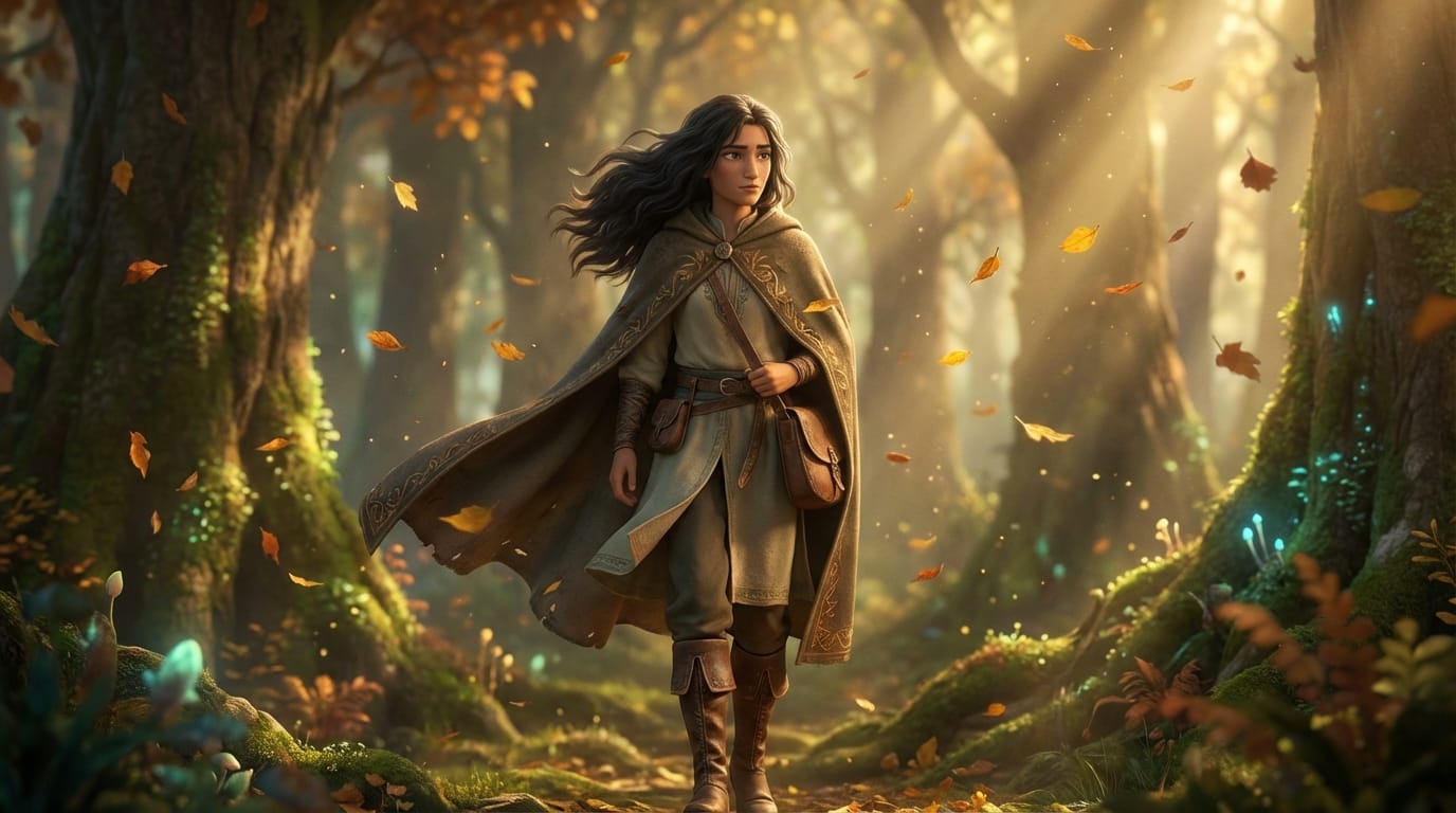 The character in the image begins to walk forward through a magical forest, leaves falling around them, soft wind movement in hair and clothing, maintaining exact character details, high-quality animation, smooth loop, cinematic lighting.