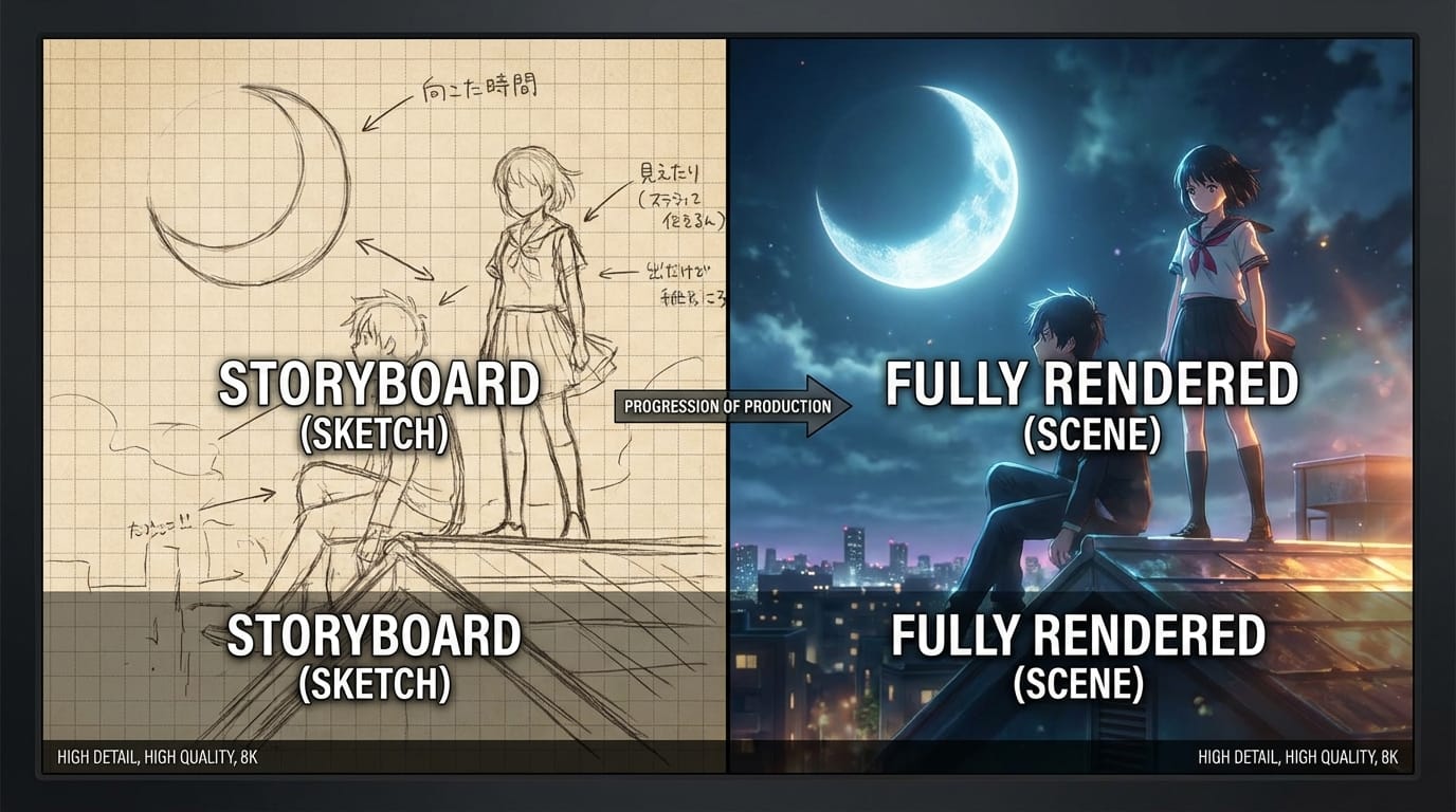 A split screen comparison of an anime storyboard sketch and a fully rendered anime scene, showing the progression of production, high detail
