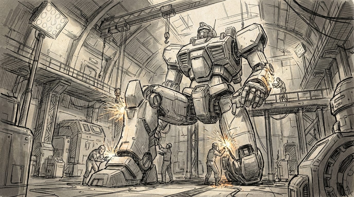 A wide shot of a futuristic mecha hangar, engineers working on a giant robot, sparks flying, industrial lighting, anime concept art style, rough sketch aesthetic, dynamic perspective.
