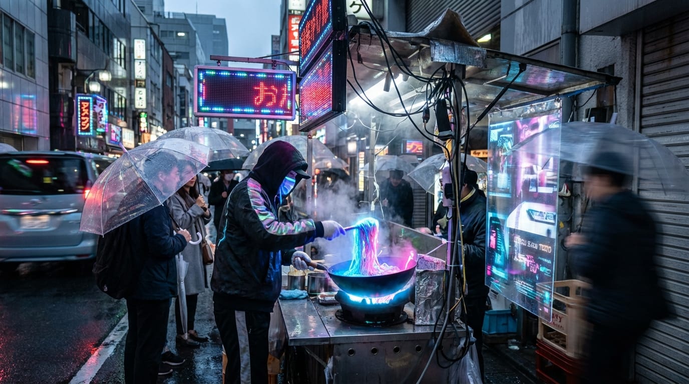 A cyberpunk street food vendor cooking glowing neon noodles in a rainy futuristic Tokyo alleyway, fast camera zoom, cinematic lighting, 4k.