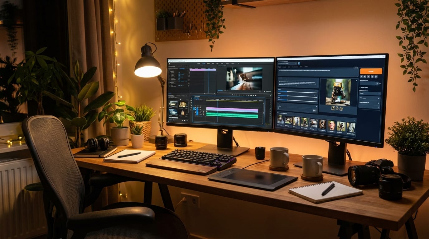 A creative workspace with multiple monitors showing video editing timelines and AI generation interfaces, warm lighting