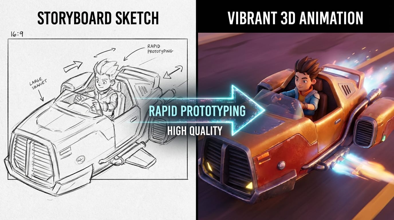 A split screen showing a storyboard sketch transforming into a vibrant 3D animation, representing rapid prototyping