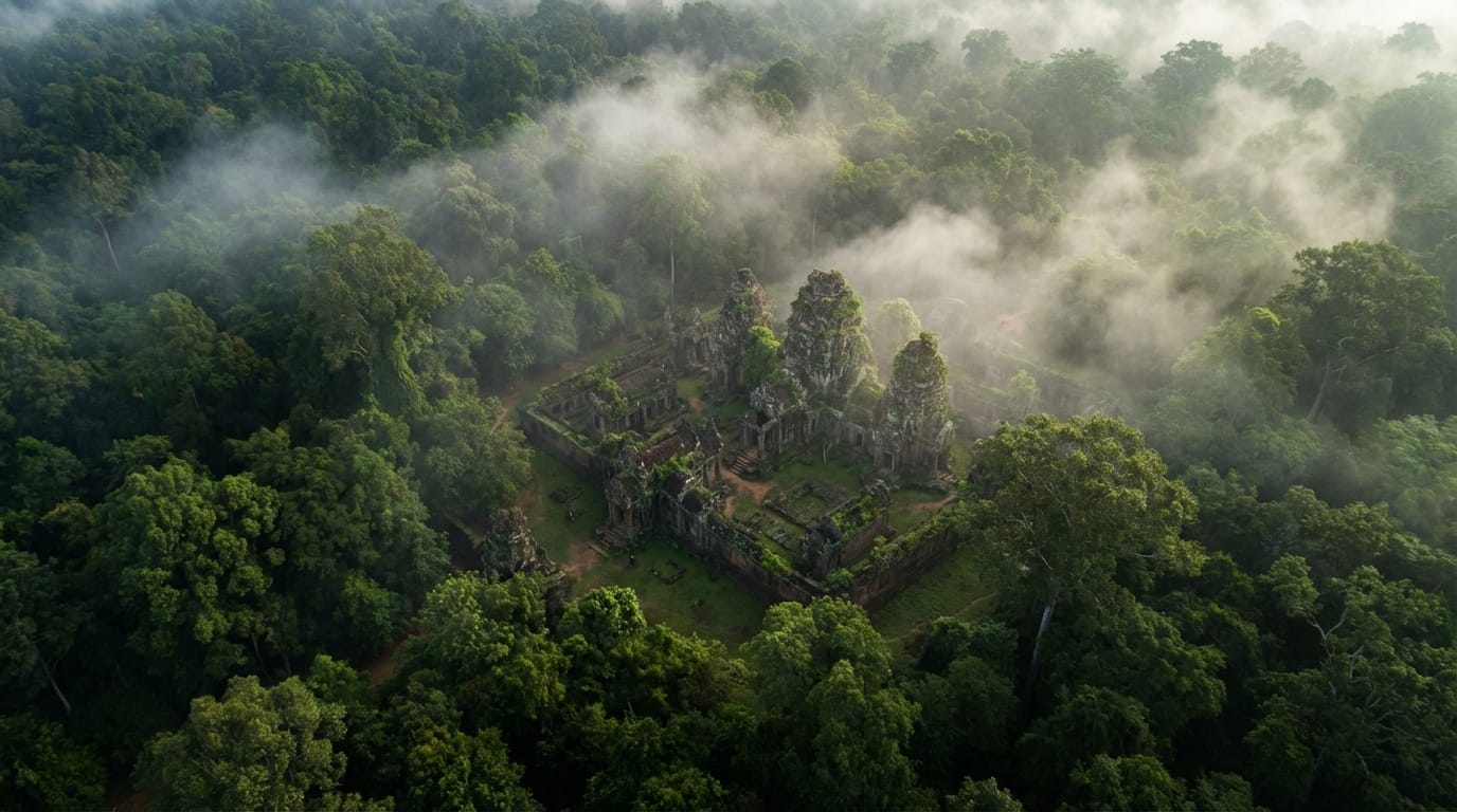 A wide drone shot flying over a dense green forest revealing a hidden ancient stone temple in the center, mist rolling over the trees.