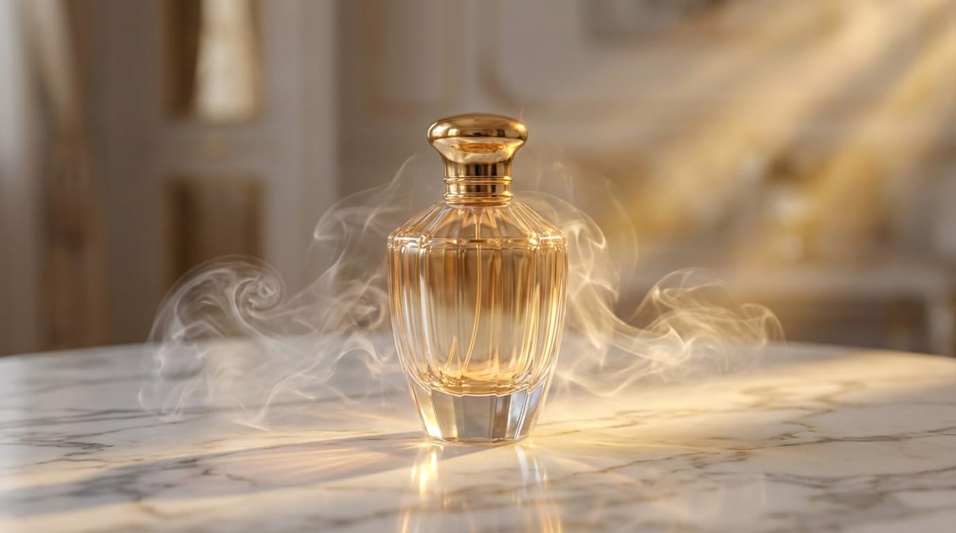 The perfume bottle rotates slowly on a marble table, elegant white smoke swirls around the base, soft golden lighting shifting across the glass.